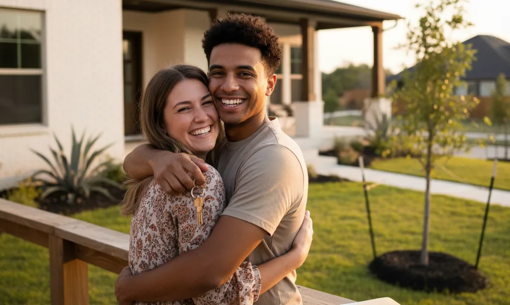 Couple celebrates with keys outside their new home.