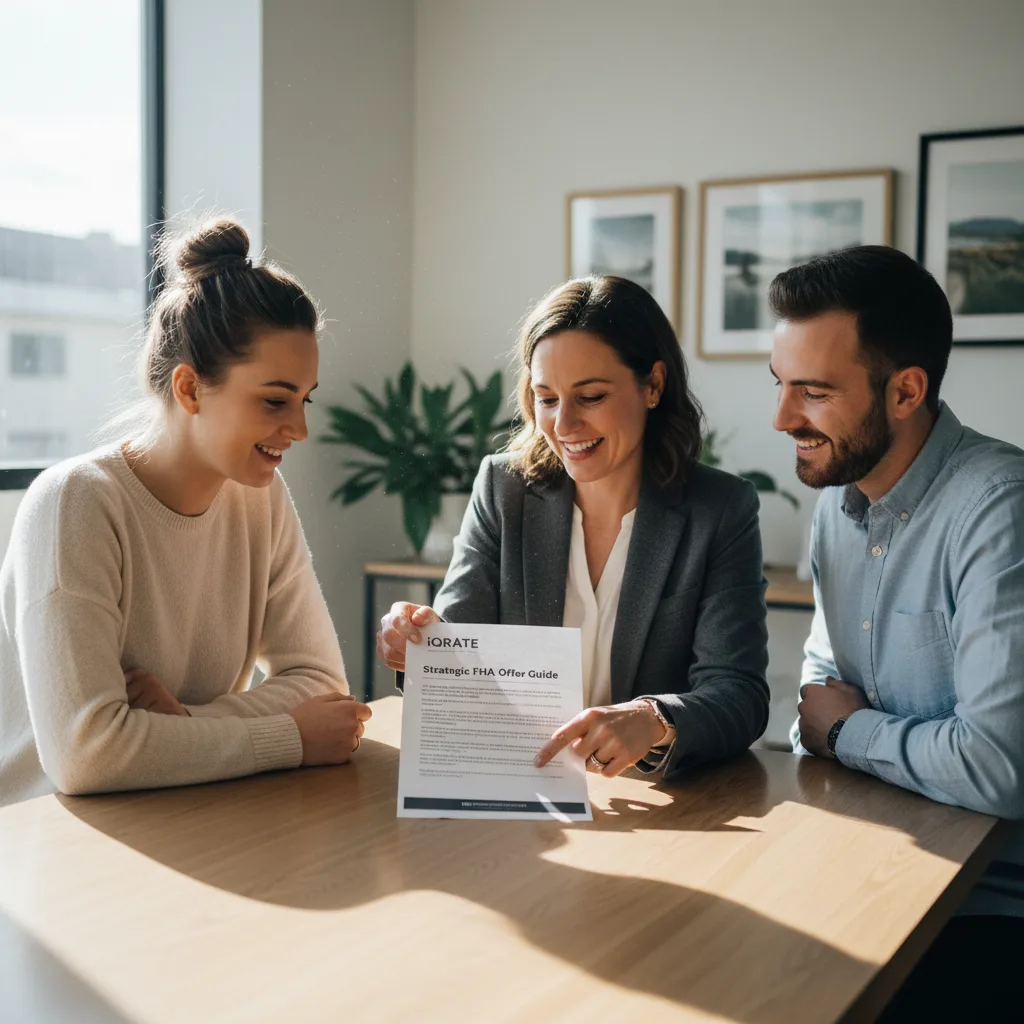 Couple reviewing mortgage documents to craft an FHA offer