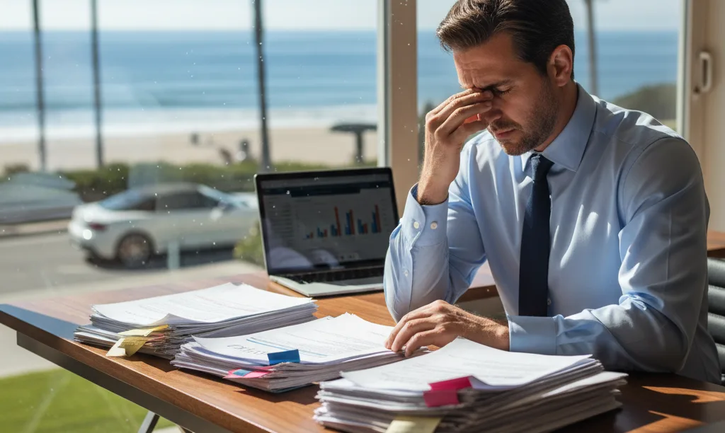 Frustrated agent reviews complex mortgage papers in San Diego.