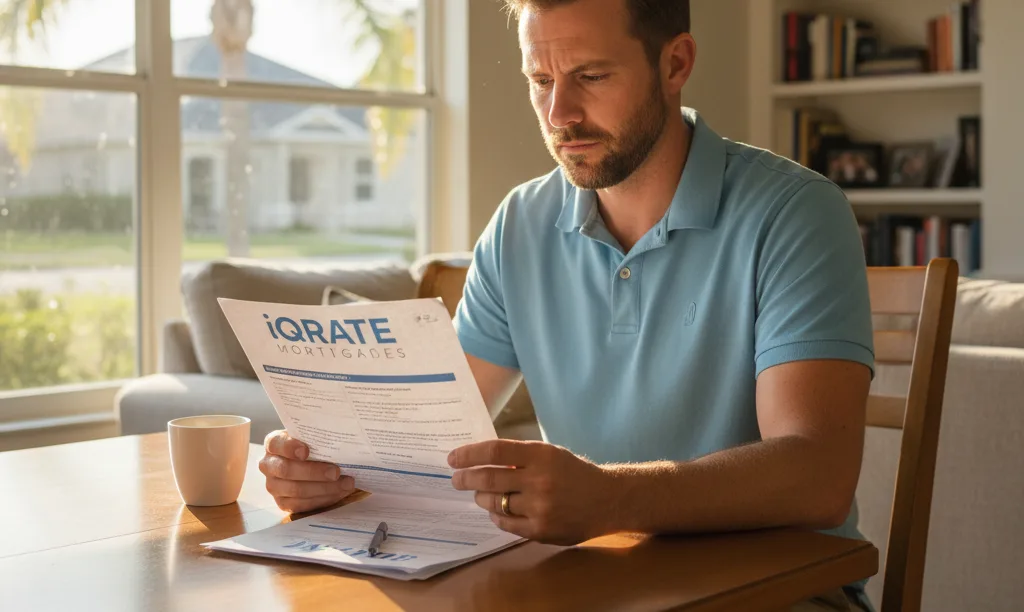Veteran carefully reviewing an iQRATE Mortgages document.