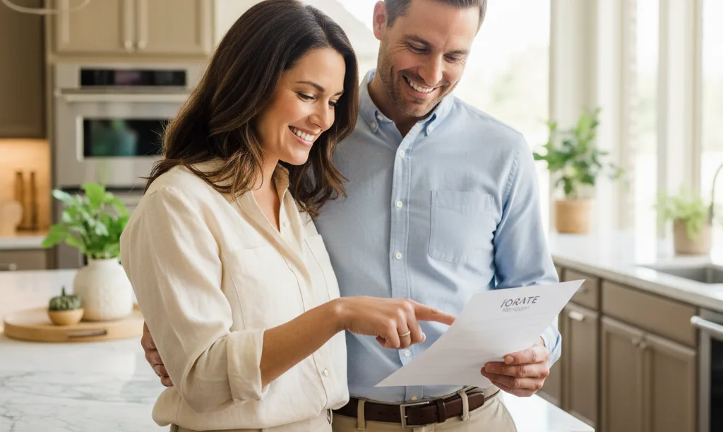 Couple reviewing iQRATE Mortgages document in kitchen.