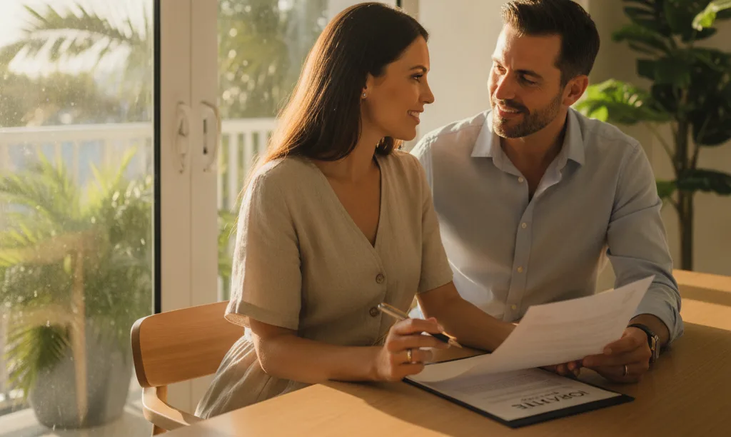 Couple reviewing iQRATE Mortgages documents in Miami home.