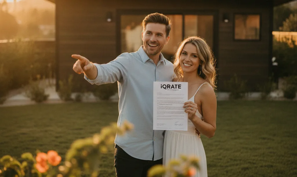 Couple in San Diego backyard with ADU and mortgage document.