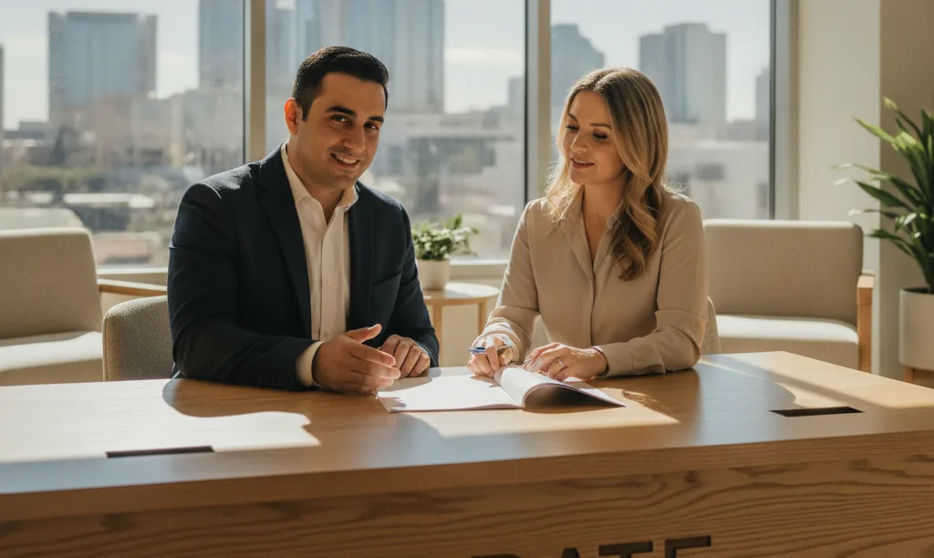 Two professionals strategically planning a Texas mortgage business.