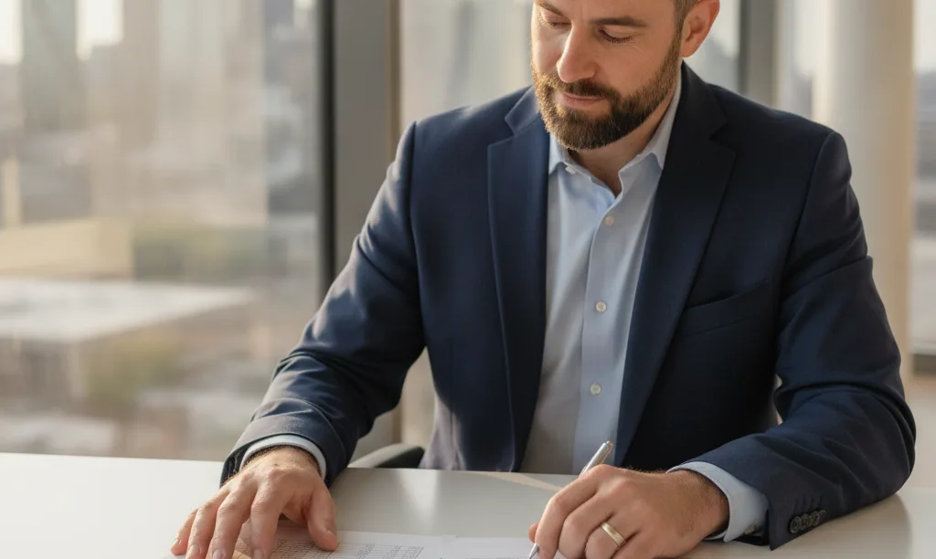 Dallas business owner reviewing iQRATE Mortgages documents.