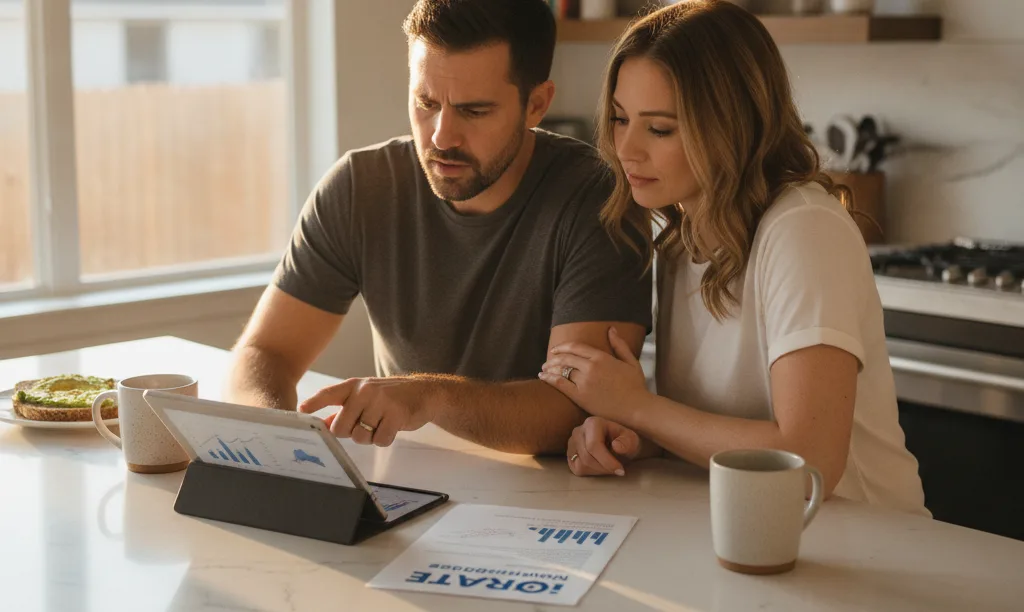 Couple reviewing iQRATE Mortgages documents with concern.