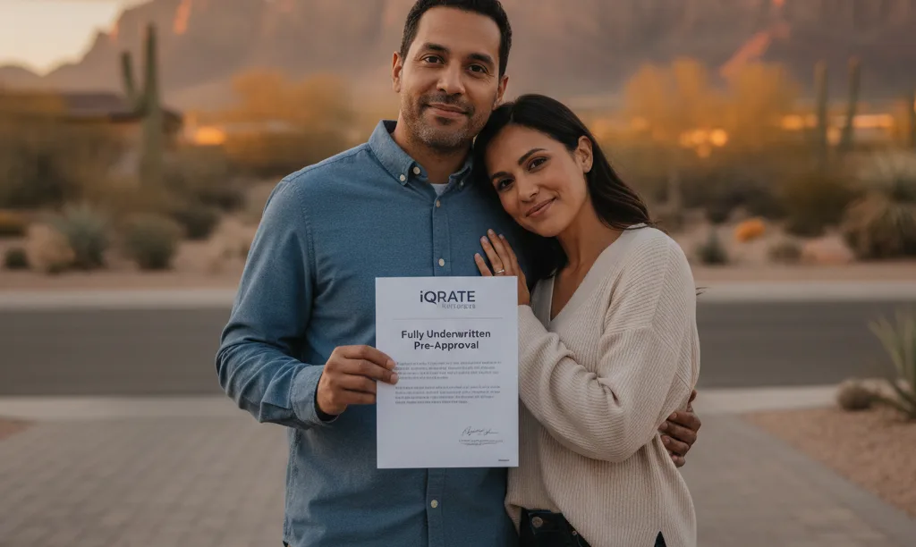 Couple holding iQRATE Mortgages approval in Vegas.