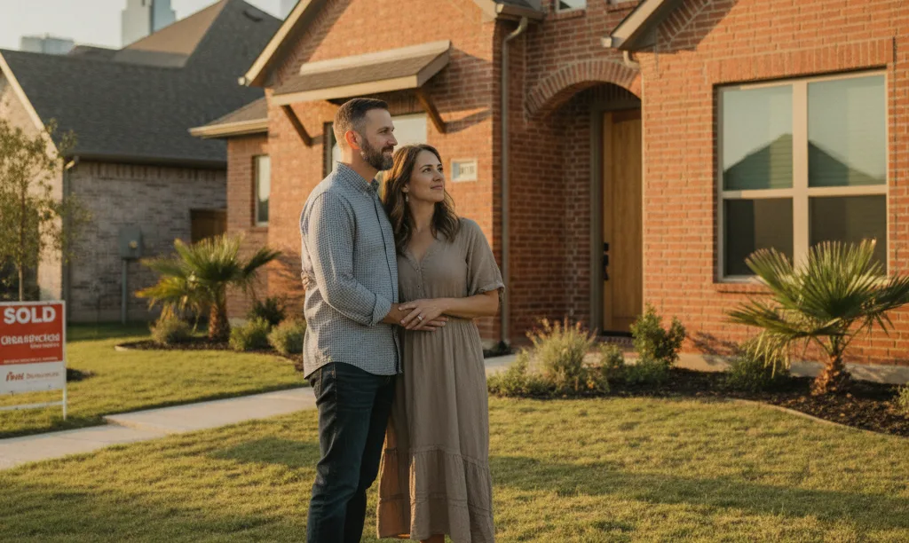 Veteran couple proudly looking at new Texas home.