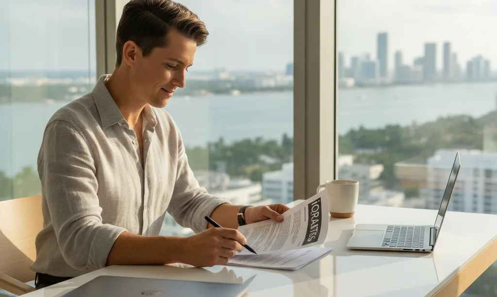 Professional reviewing iQRATE Mortgages documents in Miami.