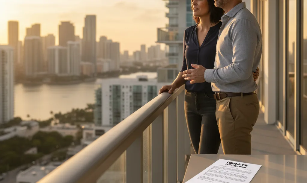 Couple hopefully planning their future overlooking Miami condos.