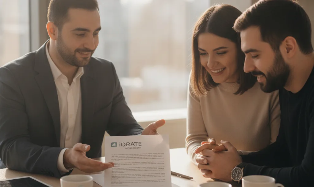 Mortgage expert David Ghazaryan reassuring a homebuyer couple.
