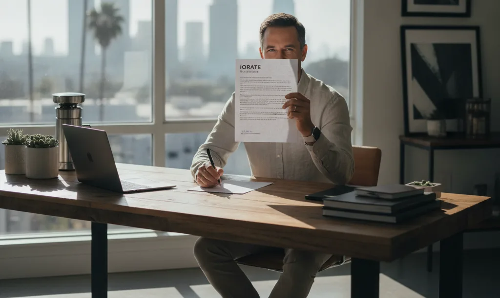 Self-employed person reviews iQRATE Mortgages loan documents.