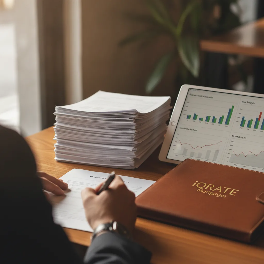 A person organizing documents like bank statements and P&L for a loan application