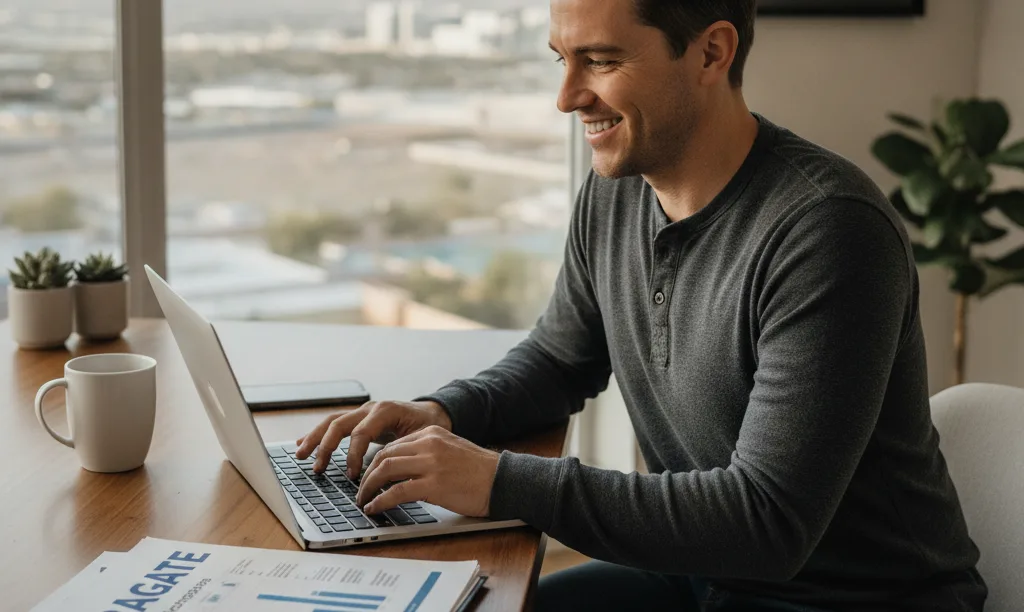 Freelancer at desk planning Las Vegas mortgage.