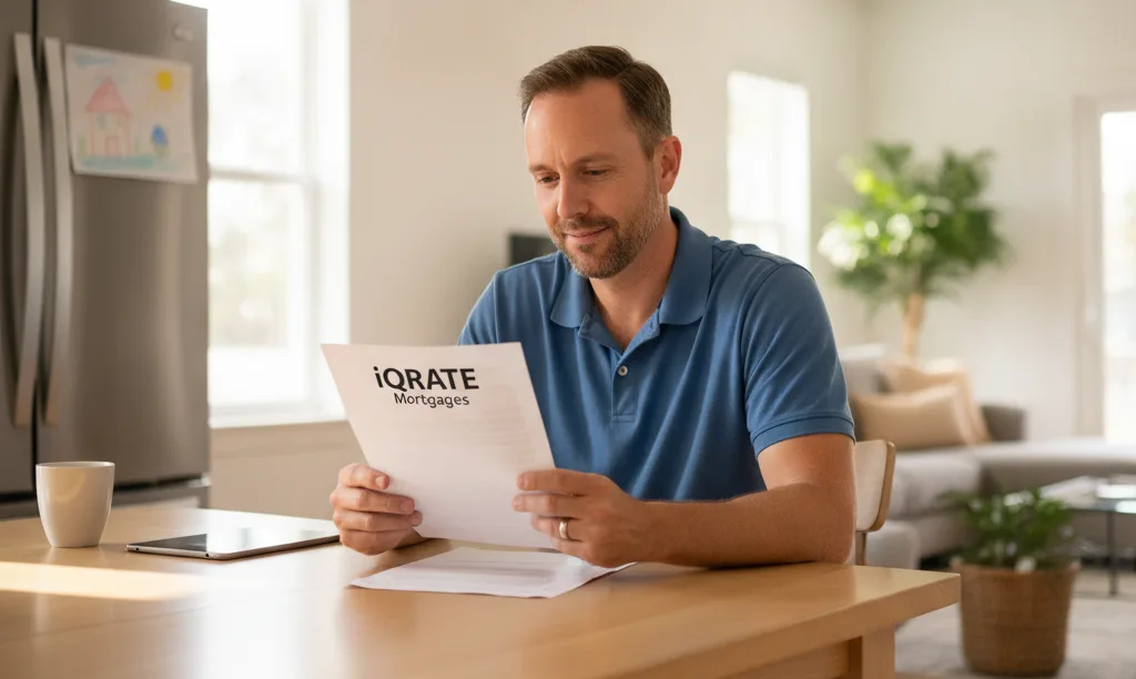 Veteran reviewing iQRATE Mortgages VA loan documents at home.