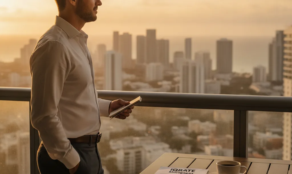 Investor on Miami condo balcony with iQRATE document.