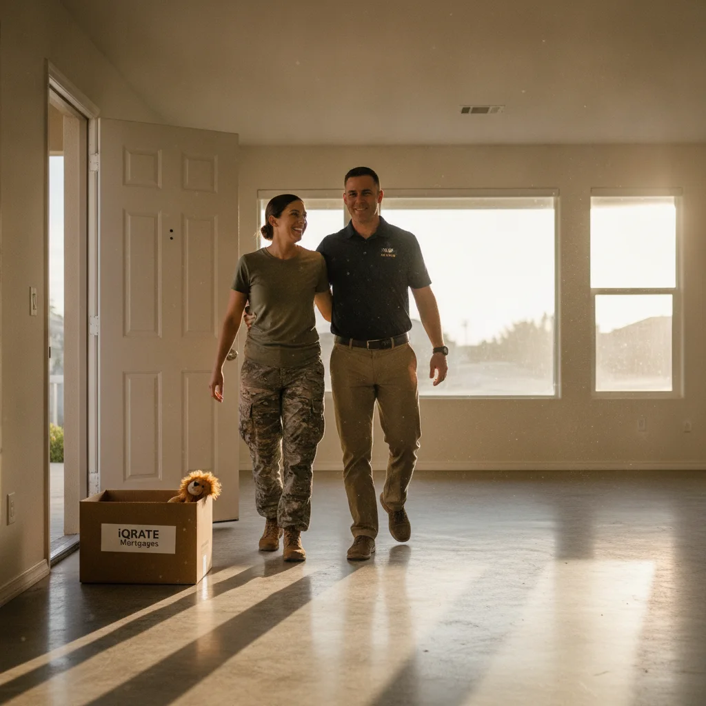 Military family discussing VA loan documents for a new home.