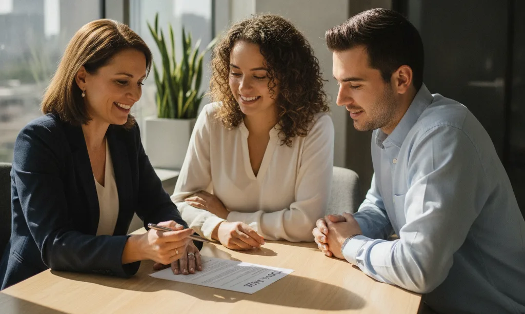 Couple receiving hopeful mortgage advice from iQRATE Mortgages.