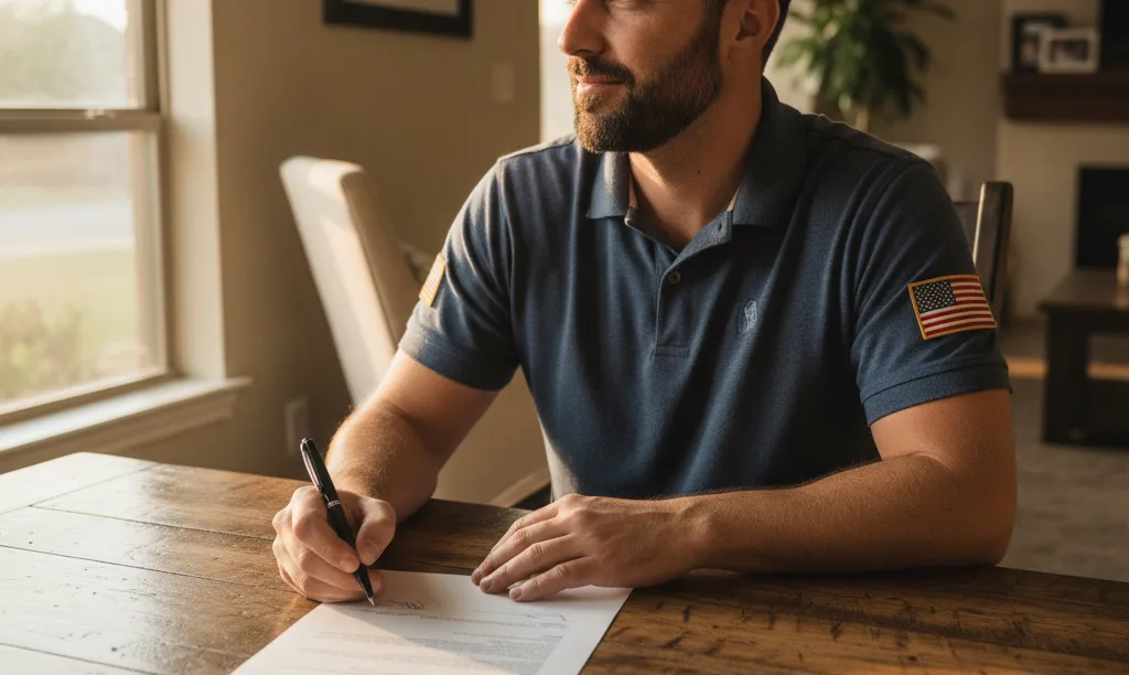 Texas veteran feeling relief signing iQRATE Mortgages document.
