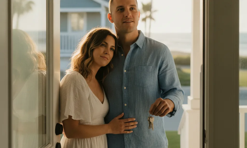 Veteran couple smiling at their new California home.