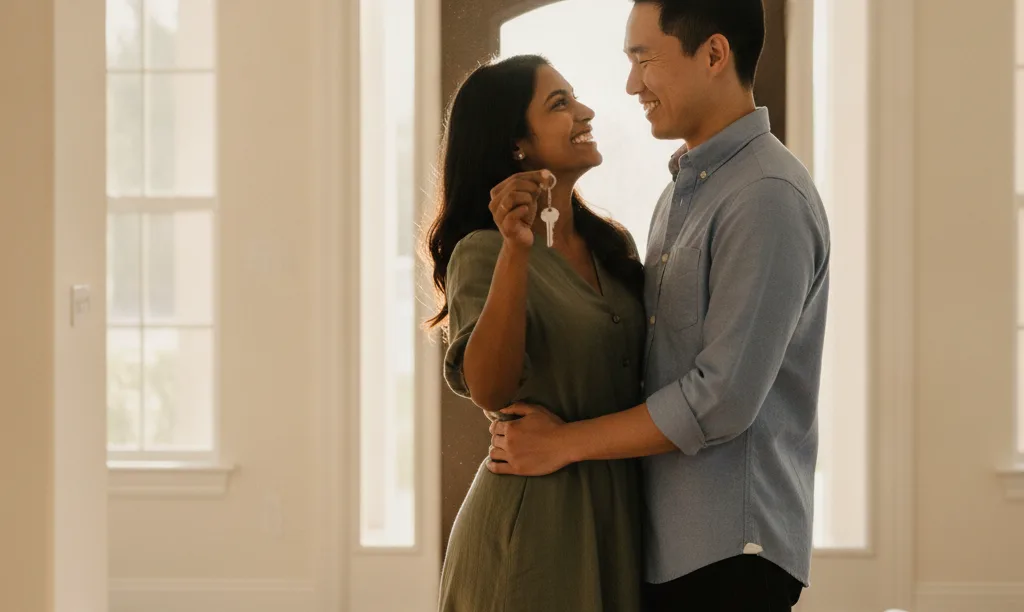 Excited couple holding the key to their new home.