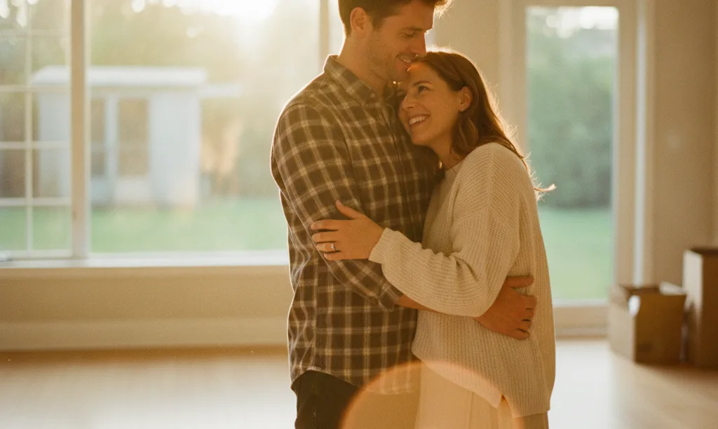 Hopeful couple smiling in their new home.