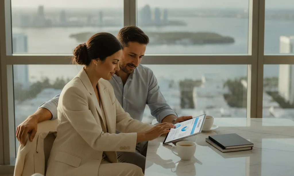 Couple strategically planning mortgage in luxury Miami home.