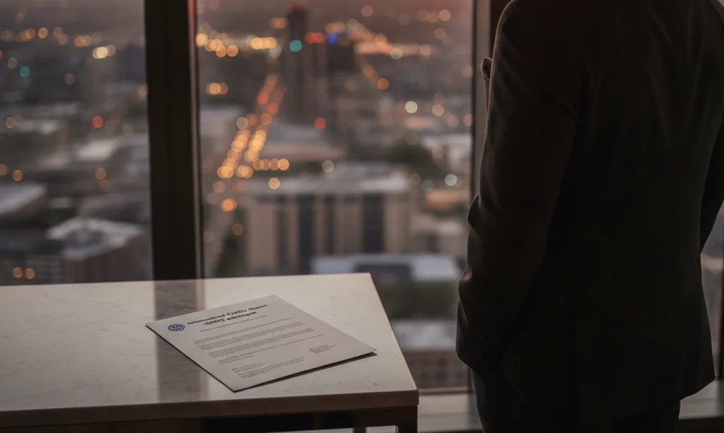 Investor with credit report overlooking Dallas skyline.