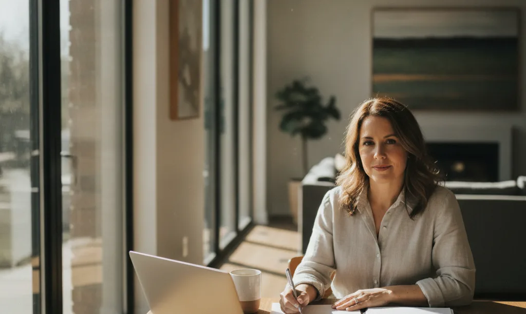 Woman confidently reviewing iQRATE Mortgages financial documents.