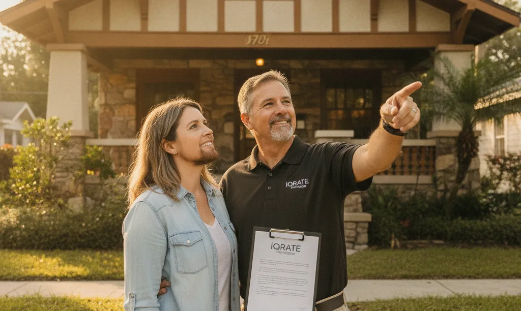 Couple with appraiser discussing older Tampa home.