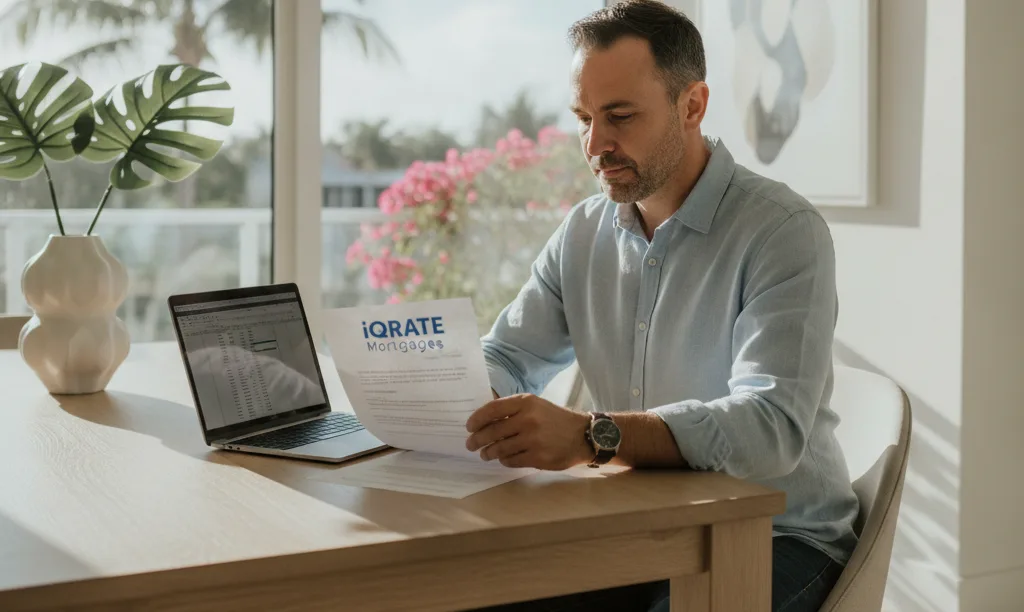 Veteran confidently reviewing iQRATE Mortgages refinance documents.