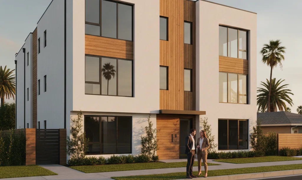 A modern Los Angeles multi-family home at sunset.