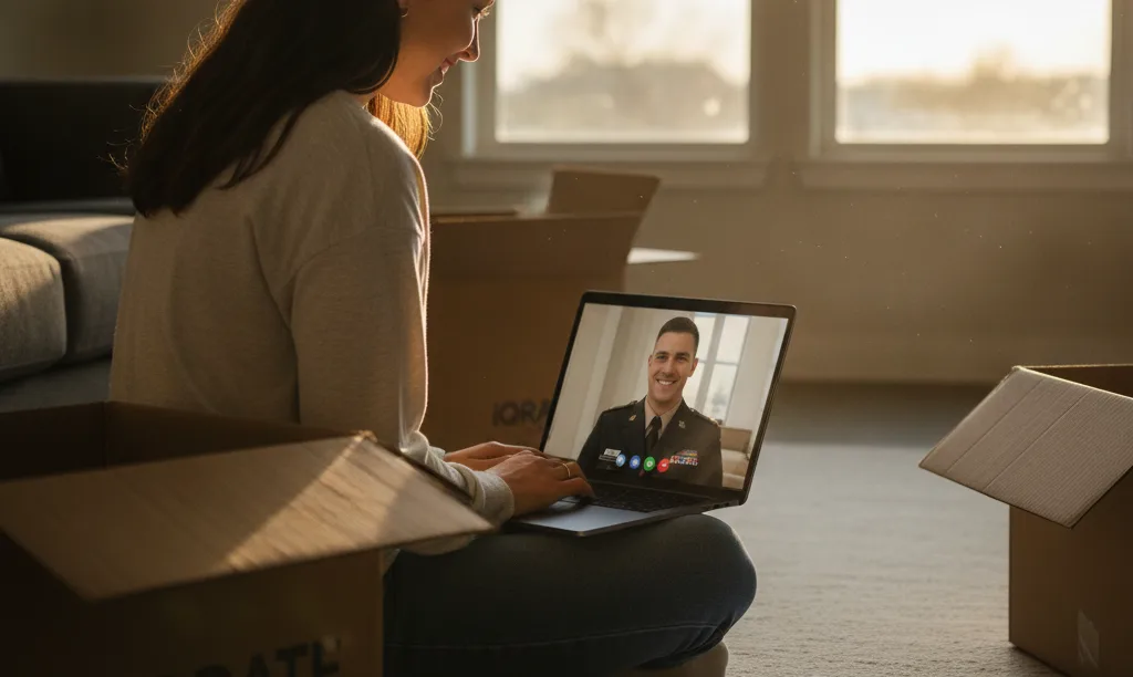Spouse video calling deployed service member from home.