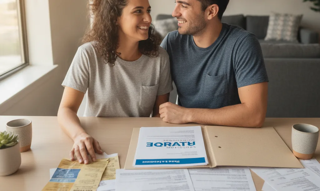 Hopeful couple in Dallas reviewing mortgage documents.