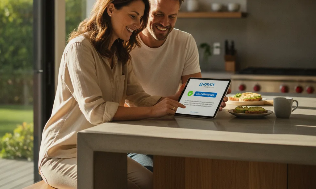 Couple smiling at iQRATE Mortgages approval document.