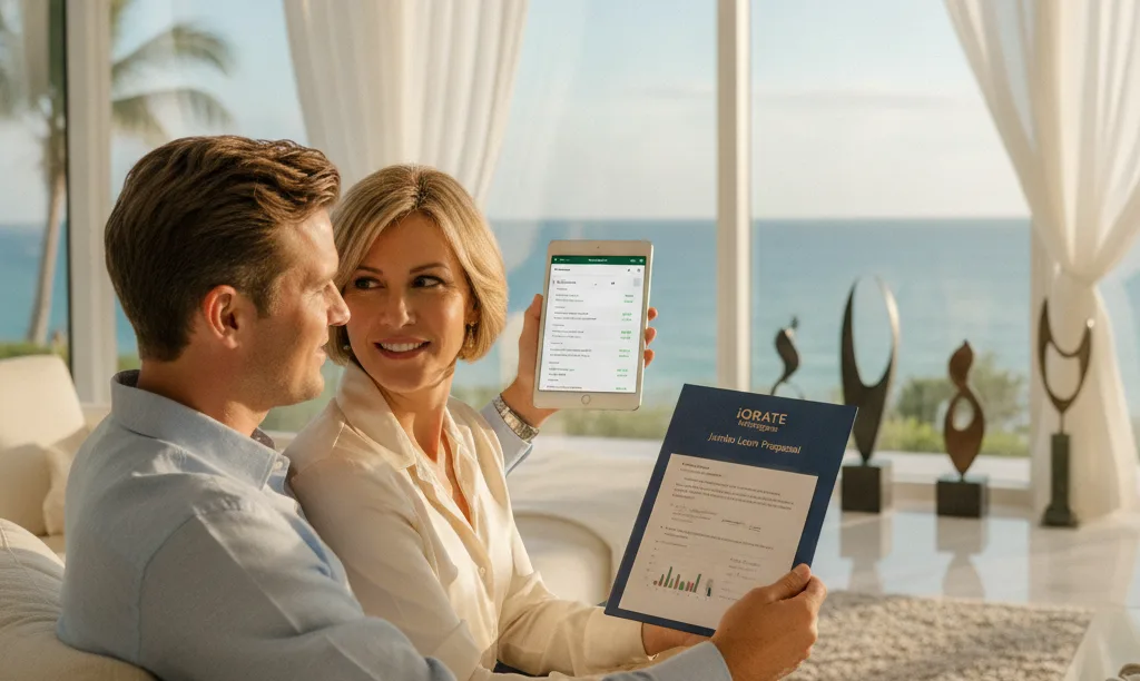 Couple reviewing crypto and mortgage documents in luxury home.