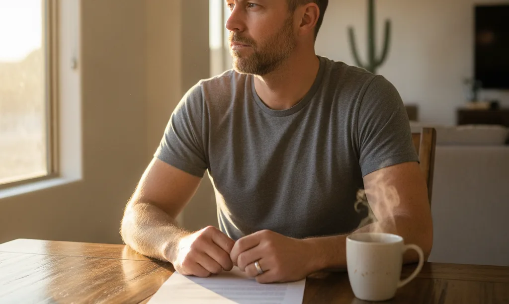 Veteran at table planning new home purchase.