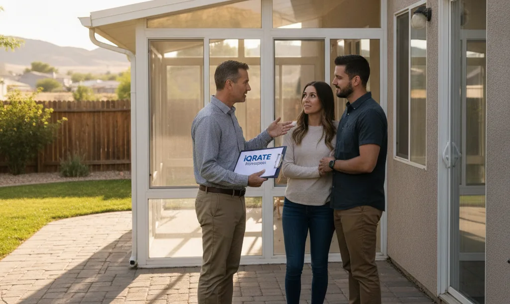 Appraiser discussing an unpermitted addition with homebuyers.