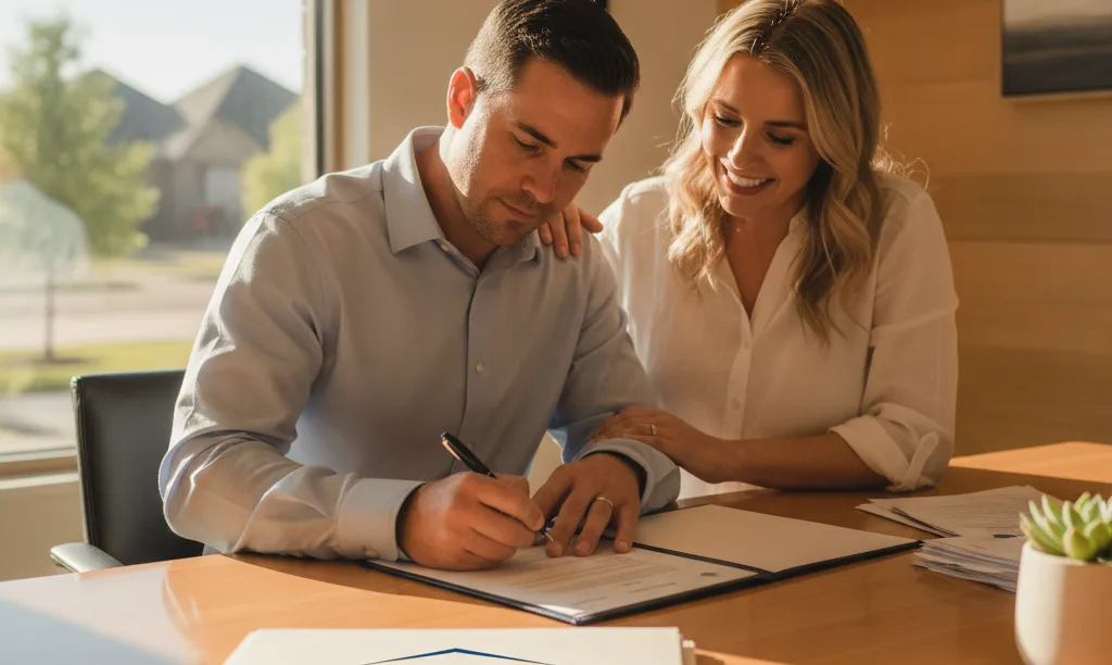 Couple smiling while signing iQRATE Mortgages documents.
