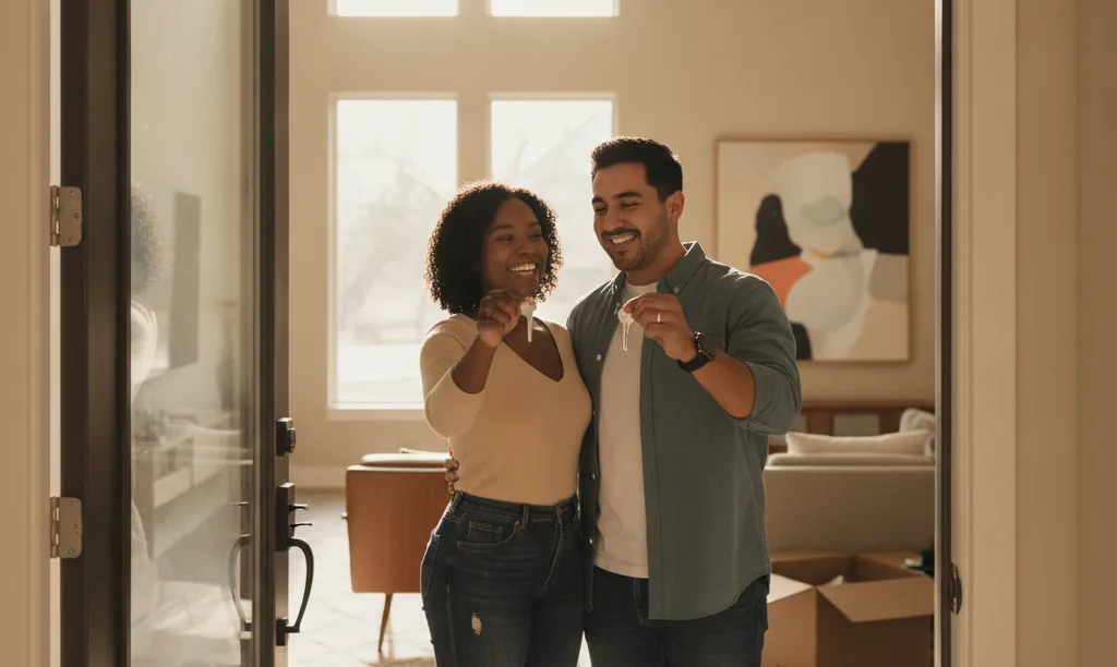 Confident couple holding keys in their new home.