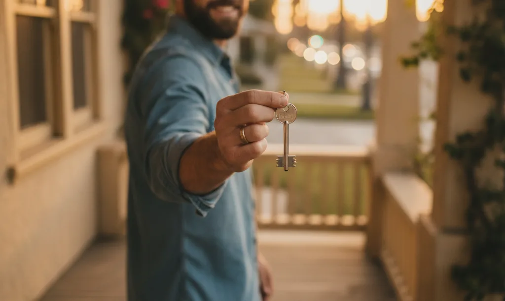 Veteran holding a single house key in San Diego.