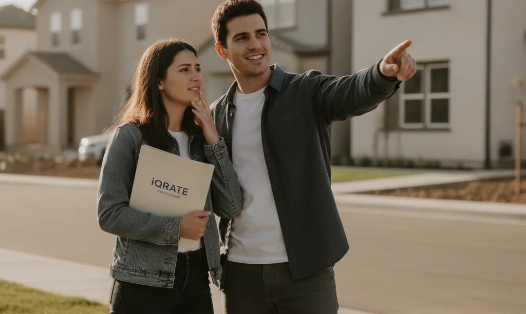 Couple discusses home purchase in a California neighborhood.
