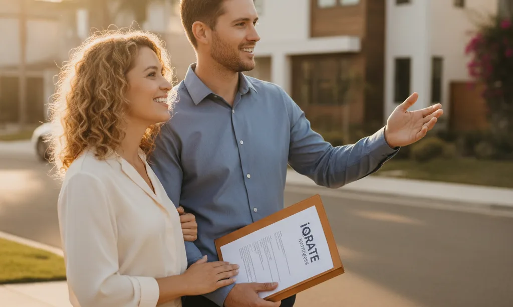 Couple with iQRATE Mortgages papers admiring home.
