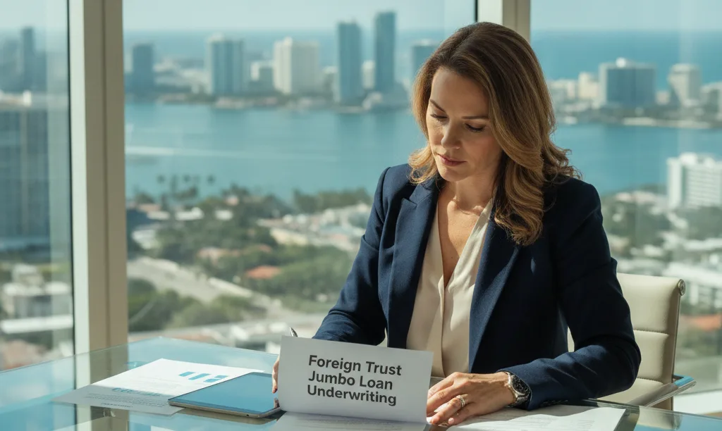 Investor reviews foreign trust mortgage documents in Miami.