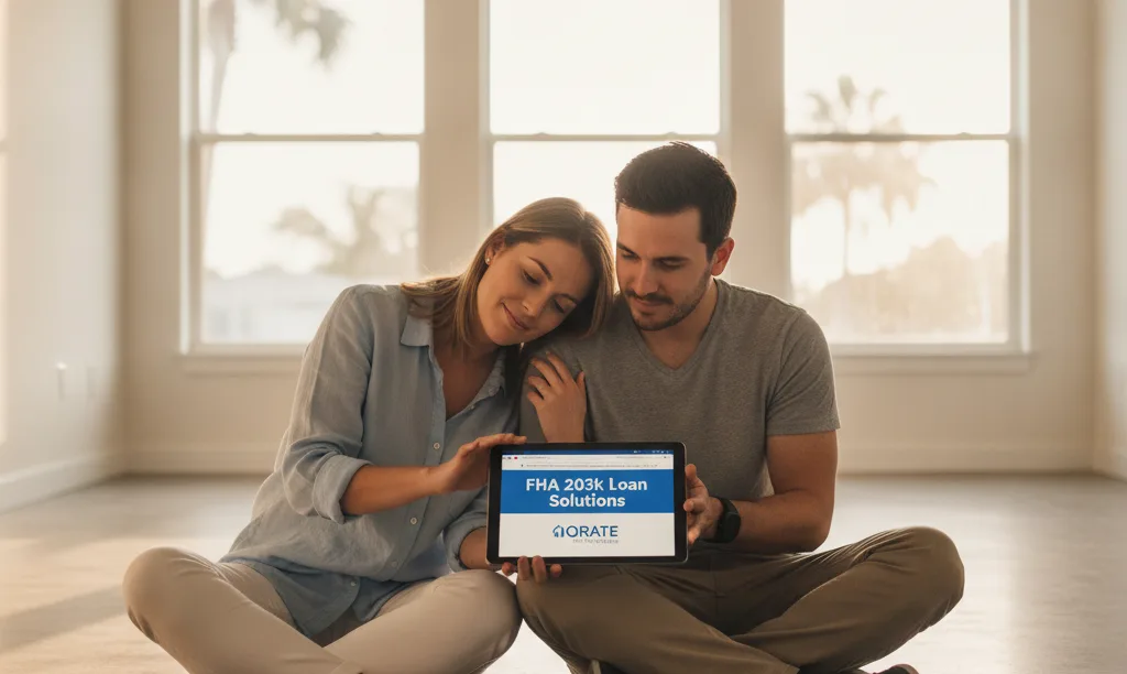 Couple reviewing FHA 203k loans from iQRATE Mortgages.