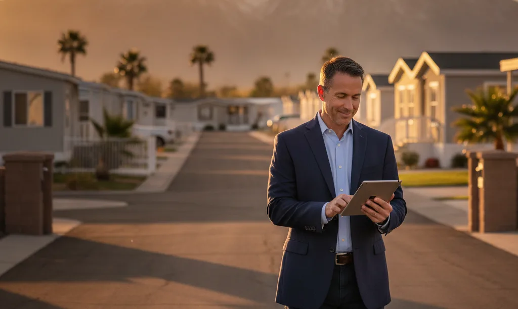 Investor reviewing mobile home park in Reno at sunset.