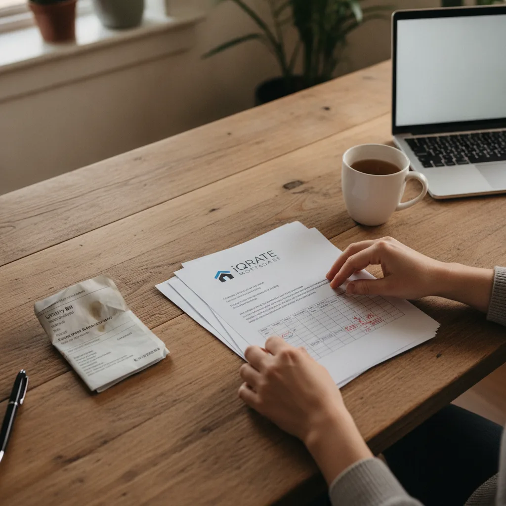 A person organizing utility bills and payment history for a mortgage application.