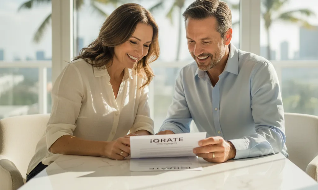 A couple reviews iQRATE Mortgages documents at home.