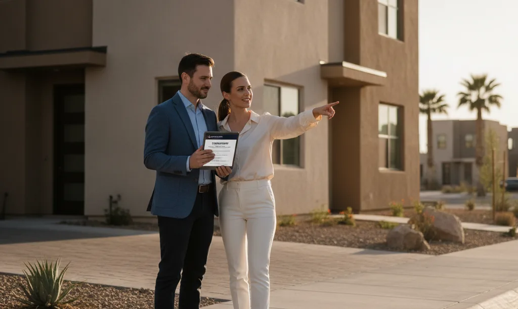 A couple reviews iQRATE Mortgages documents outside home.