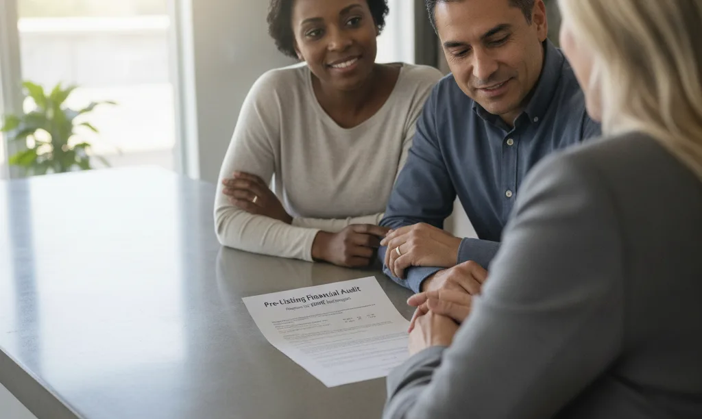 Homeowners confidently reviewing financial audit from iQRATE Mortgages.